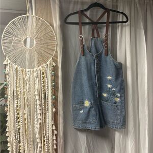Romwe | Denim Embroidered Daisy Overalls with Brown Strap Details